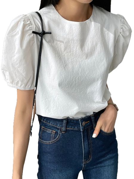 

dazy puff sleeve round neck blouse d1zx#, White