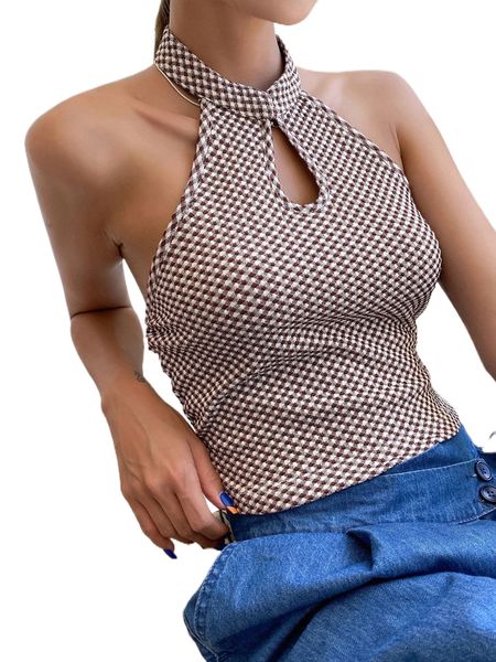 

dazy plaid cut out backless crop halter v8b0#, White