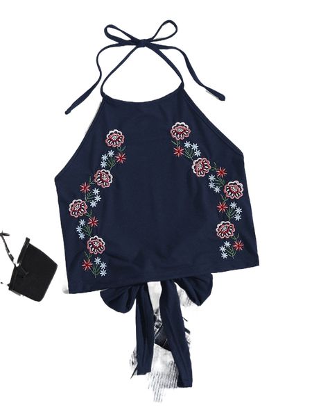 

floral embroidery tied backless crop q3cn#, White