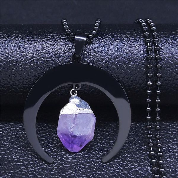 Collane a ciondolo Witchcraft Divinazione Moon Purple Natural Crystal in acciaio inossidabile in acciaio inossidabile Donne Black Color Jewelry Bijuteria N3105Pendan