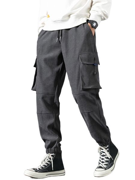 

men flap pocket side drawstring waist cargo pants g5d0#, Black