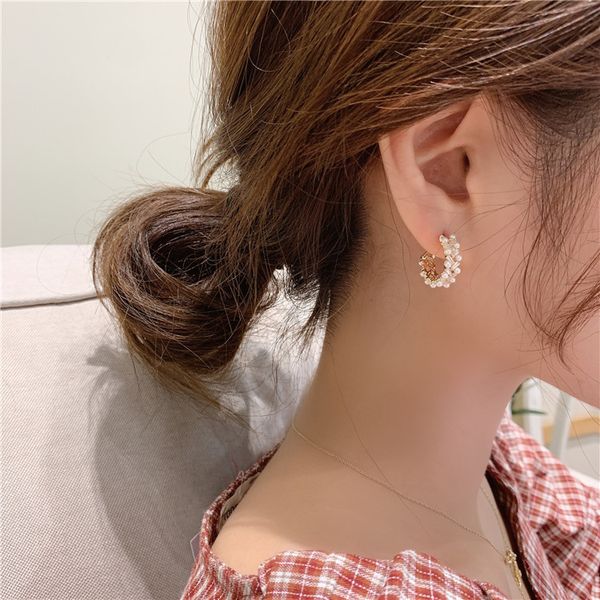 

925 silver needle simple pearl zircon earrings korean fashion stud earrings c type ear ring graceful eardrop internet celebrity wholesale, Golden