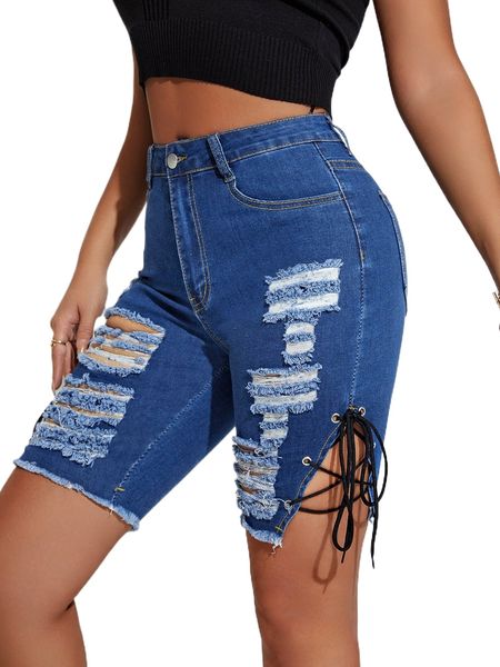 

lace up raw hem ripped denim shorts k7jo#, White;black