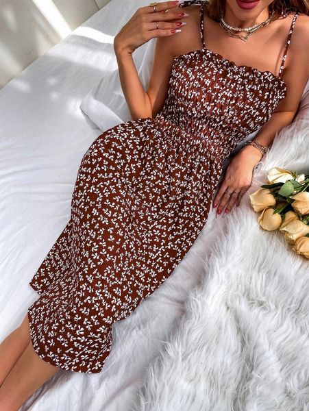 

random plant print tie shoulder shirred cami dress z0dj#, Black;gray