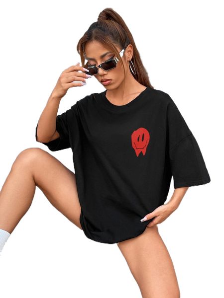 

cartoon face print drop shoulder tee e1cq#, White