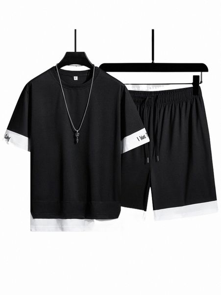 

extended sizes men letter graphic contrast trim 2 in 1 tee & shorts n1kh#, Gray