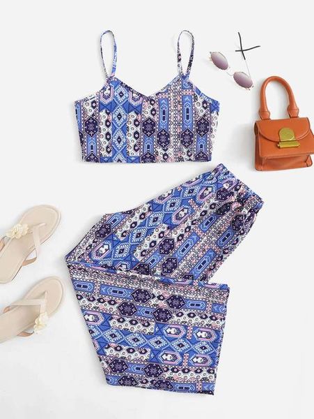 

girls geo print cami and pants set she, White