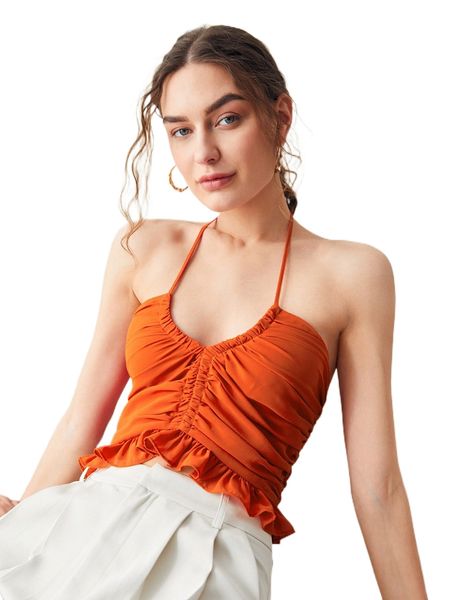 

ruched ruffle hem backless halter 08th#, White