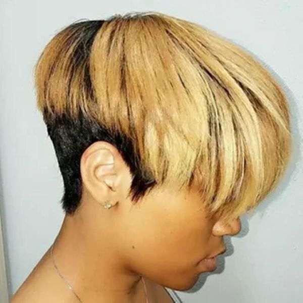 

short bob natural wavy wig with bangs full machine no lace wigs for women malaysian straight pixie cut wig, Black;brown