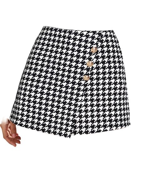 

gold button front houndstooth skort s3dl#, White;black