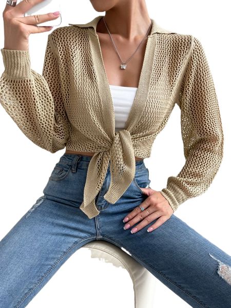

pointelle knit knot front cardigan r08d#, White;black