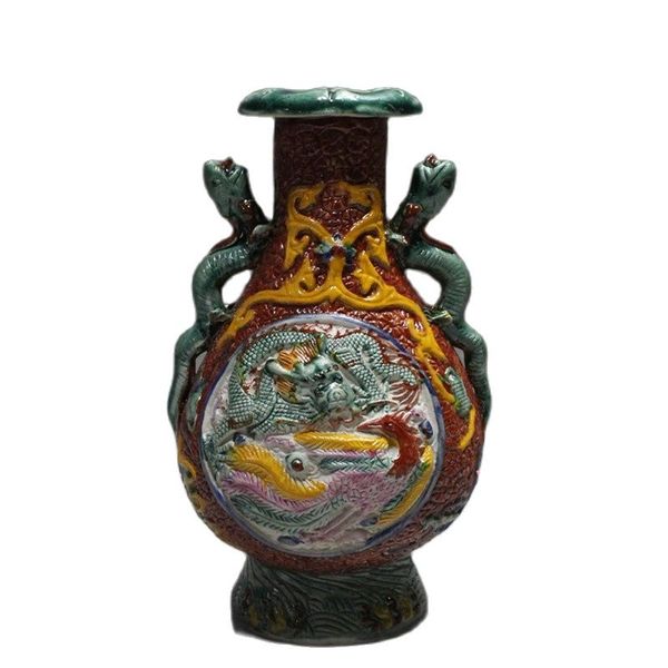 

chinese old porcelain ornaments shuanglong ear vase, Silver