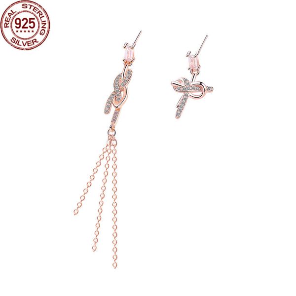 

new arrival design sterling silver bow earrings charms ab asymmetric long tassel micro inlaid friendship, Golden