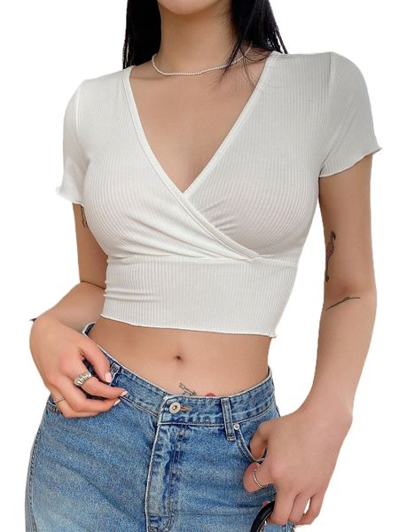 

dazy rib-knit surplice neck crop tee t1mi#, White