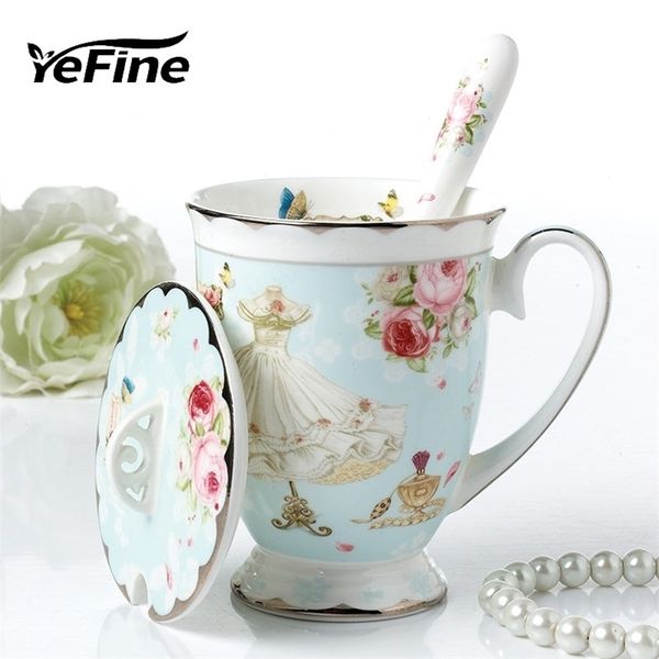 Yefine High Grade Bone China Tea Mug Mug Mug Forcaine Ceramic Coffee Mug с крышкой и нержавеющей ложкой питья чашка 210409