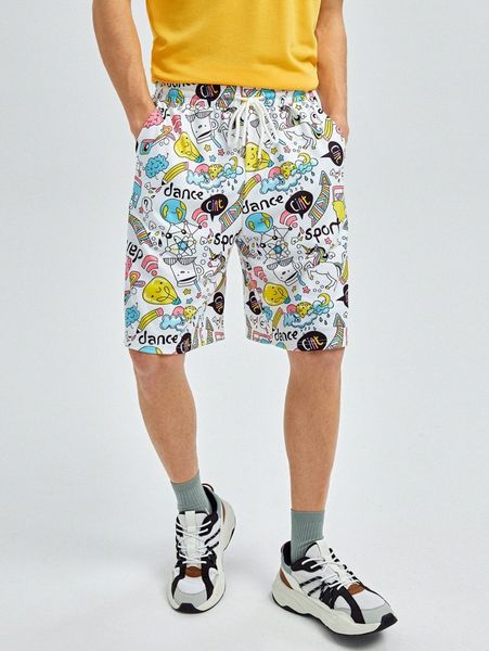 

men graffiti print drawstring waist shorts 16zx#, White;black