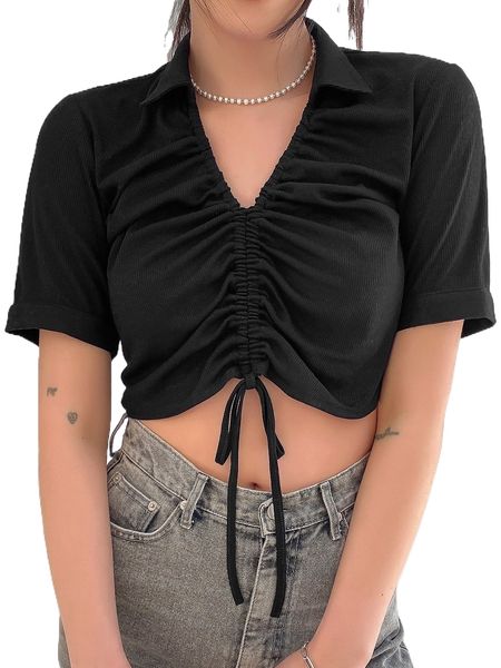 

dazy solid drawstring front crop tee g320#, White