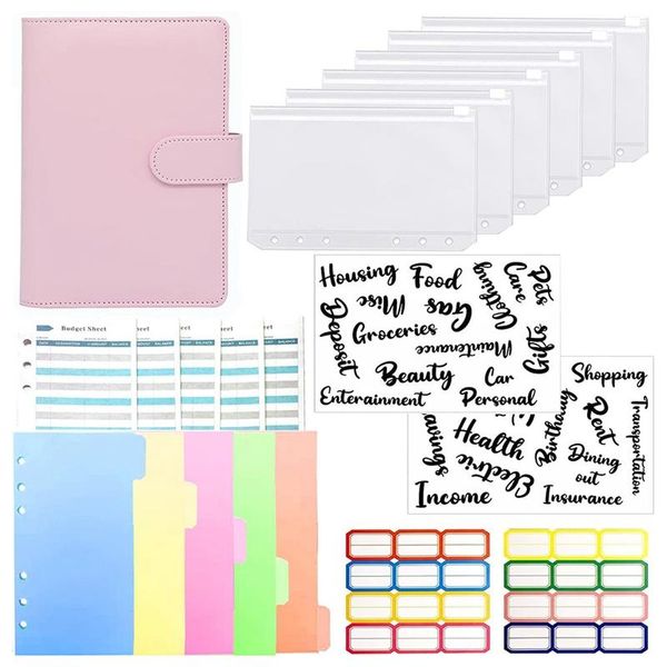 Binder de orçamento de embrulho de presente com envelopes de caixa A6 PU notebook Folhas de despesas 26 categorias letra etiqueta de adesivo