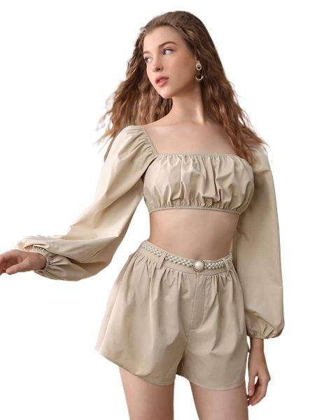 

mod ruched bust lantern sleeve crop & shorts set without belt 69eq#, White