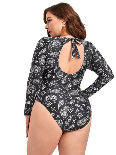 

plus paisley print cut out tie back one piece swimsuit x80l#, White;black
