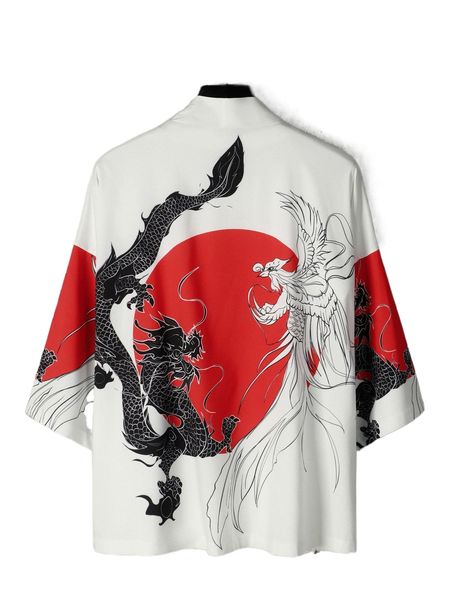 

men phoenix & dragon print kimono without tee 74df#, White;black