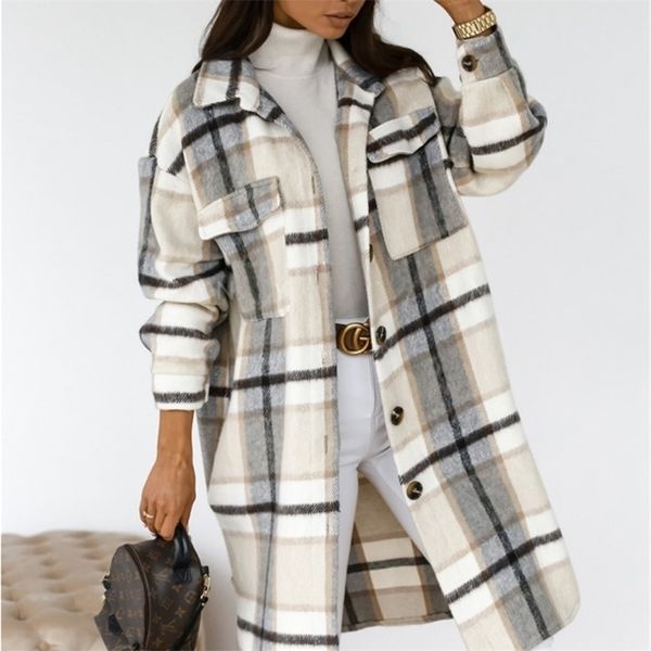 

womenr vintage woolen cloth gingham coat autumn winter fashion casual turn down colla elegant warm jacket women long coat 201221, Black