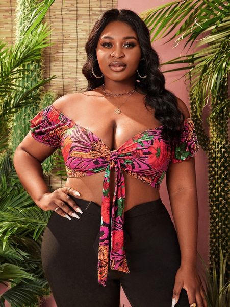 

sxy plus off the shoulder tropical print twist ruched crop a04r#, Black