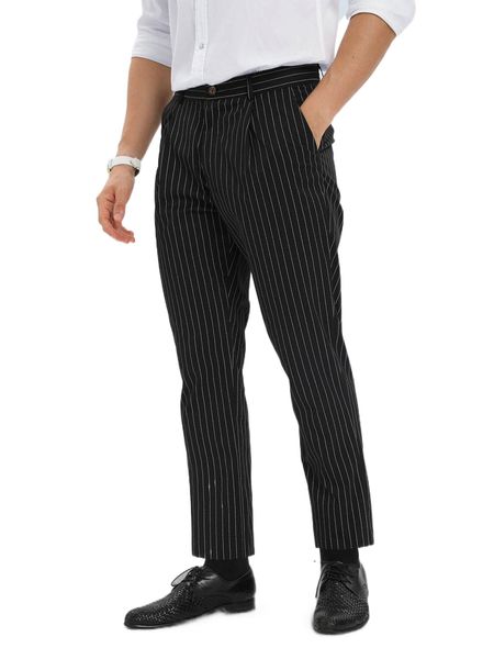 

men vertical striped plicated detail tailored pants k454#, Black