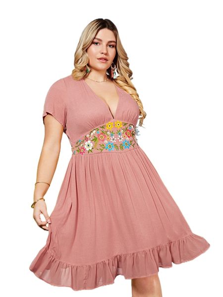 

plus floral print ruffle hem dress v2u0#, Black