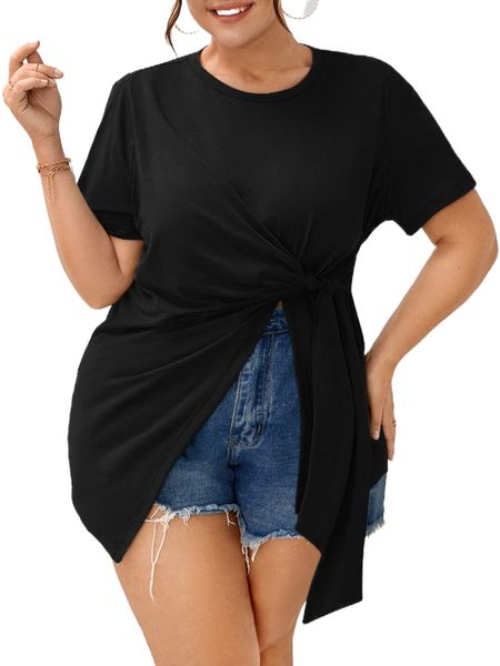 

plus knot detail split hem tee q6nx#, Black