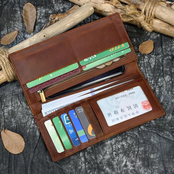 Geldbörsen Herren-Geldbörse aus echtem Leder, lange Geldbörse, Handytasche, Kartenhalter, echter Druckknopf, Bifold-Geldbörse mit Innenreißverschluss, Clutch-Geldbörsen