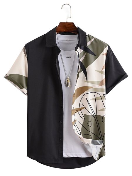

men 1pc color block tropical print shirt a96a#, White;black