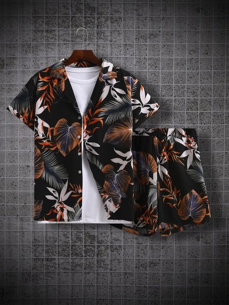 

men random tropical print shirt & drawstring waist shorts without tee l1jh#, Gray