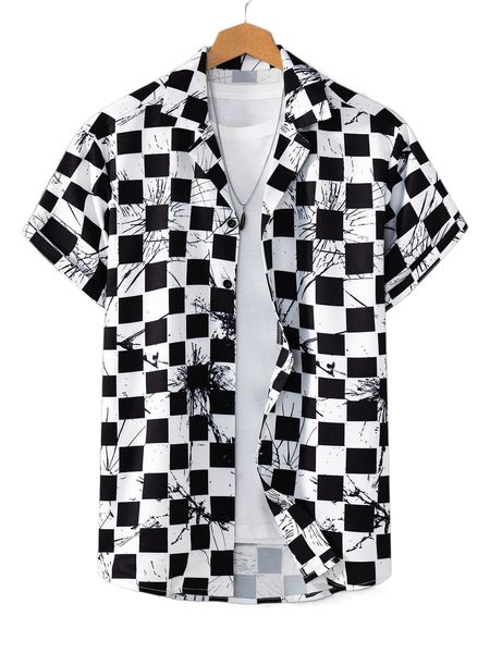 

men letter & checkered print shirt without tee v94w#, White;black