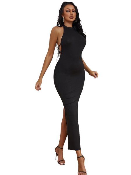 

split hem backless halter bodycon dress o0nw#, Black;gray