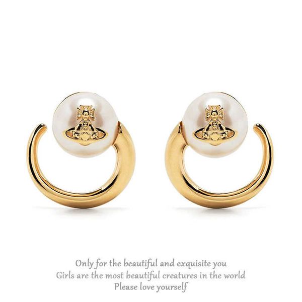 

designer fashion western empress dowager pearl earrings light luxury fashion niche ins earrings french elegant earrings texture, Golden