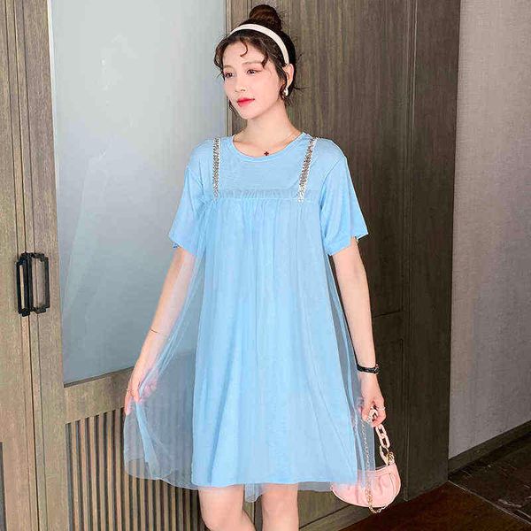 

sweet summer maternity mesh dress short sleeve belt patchwork mesh pregnant woman cotton dress solid color pregnancy clothing j220628, White