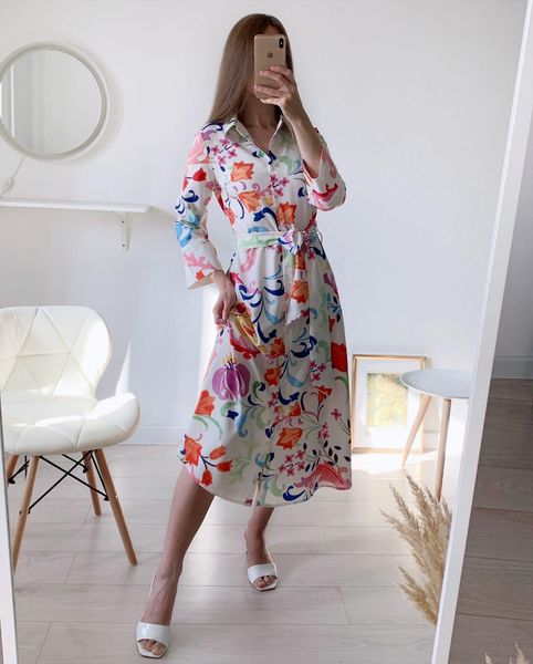 

summer women floral print bow sashes midi lapel dress female chic three quarter sleeve casual slim dresses, Black;gray