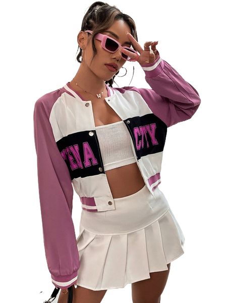 

letter graphic colorblock raglan sleeve bomber jacket d9g4#, Black;brown