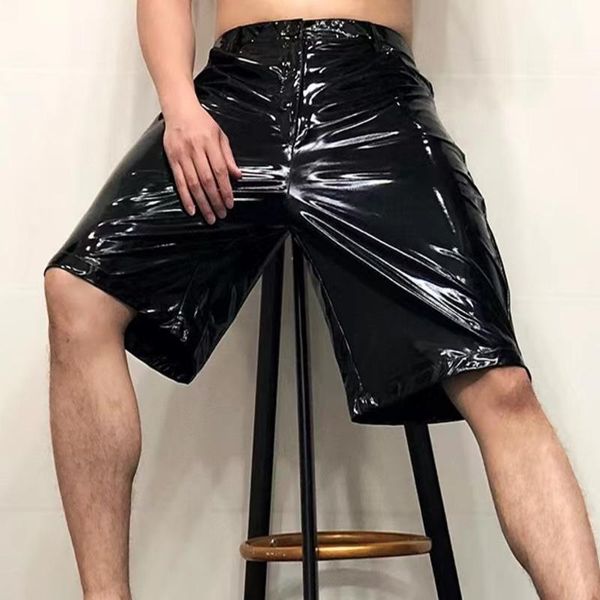 Мужские брюки Shinny кожа короткие сексуальные ночные костюмы мужские костюмы против ярких брюк черная эластичность Slim Men Shortsmen's Men '