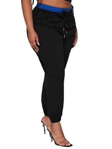 

petite plus contrast trim drawstring waist sweatpants k5ru#, Black