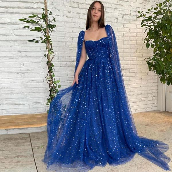 Partykleider Sevintage Sparkly Royal Blue Starry Tüll Prom mit langem Cape Sweetheart A-Linie formelles Kleid 2022 AbendkleiderParty