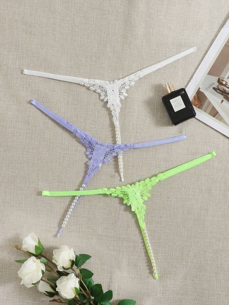 

3pcs contrast guipure lace pearl beaded thong z9yx#, Black;red