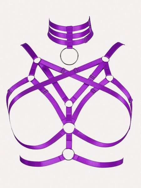 

plus cut-out ring linked harness bra with choker j8zu#, Black;white