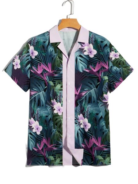 

romwe guys floral & tropical print shirt j0nz#, White;black