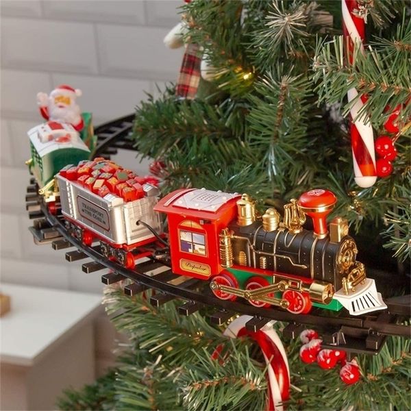 Elektrisches Weihnachtsbaum-Eisenbahn-Set, lässt sich an Ihrem realistischen Geschenkspielzeug mit Geräuschen und Lichtern befestigen, batteriebetrieben 220329