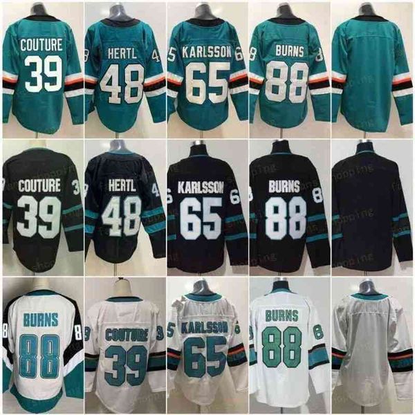 

men reverse retro 88 brent burns jersey 39 logan couture 48 tomas hertl 65 erik karlsson hockey green white black gray long sleeve team stit, Black;red