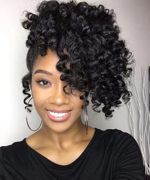 

wrap around drawstring ponytail hair extensions curl wavy afro kinky burmese curly human raw virgin hair pony tail hairpiece120g, Black