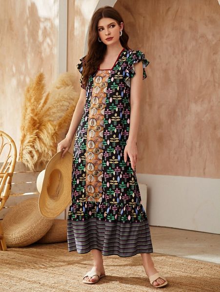 

plants print ruffle hem smock dress v1ei#, Black;gray