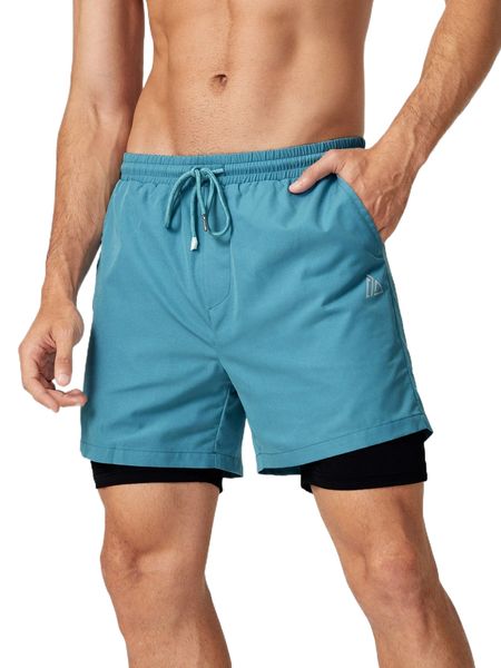 

men geo print drawstring waist 2 in 1 shorts e2wa#, White;black